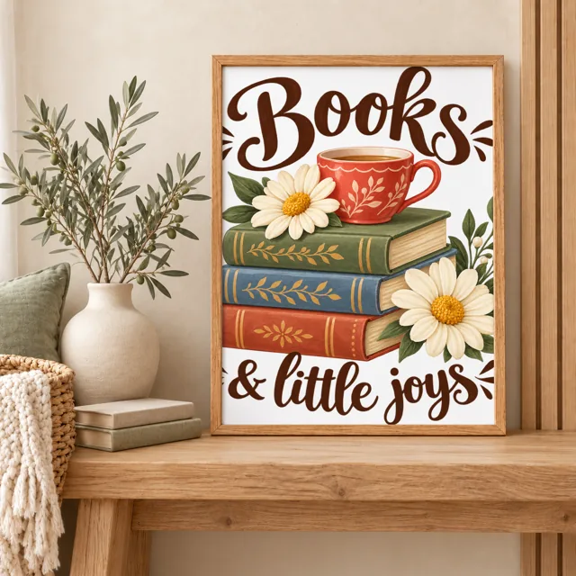 Framed poster mockup with an olive branch, books and little joys
