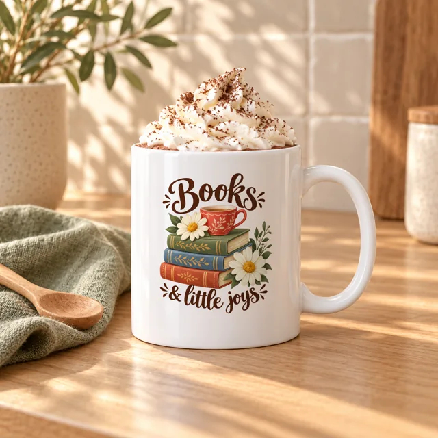 White mug mockup with whipped cream, books and little joys