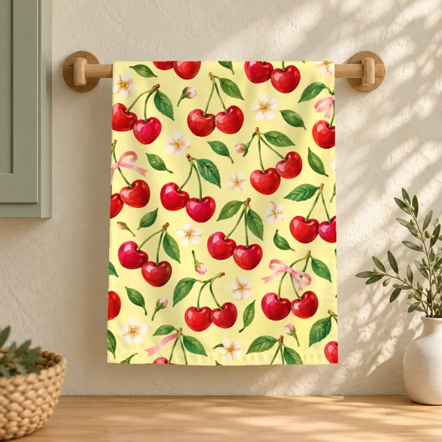 Tea towel mockup on a wooden rail, cherry blossom pattern