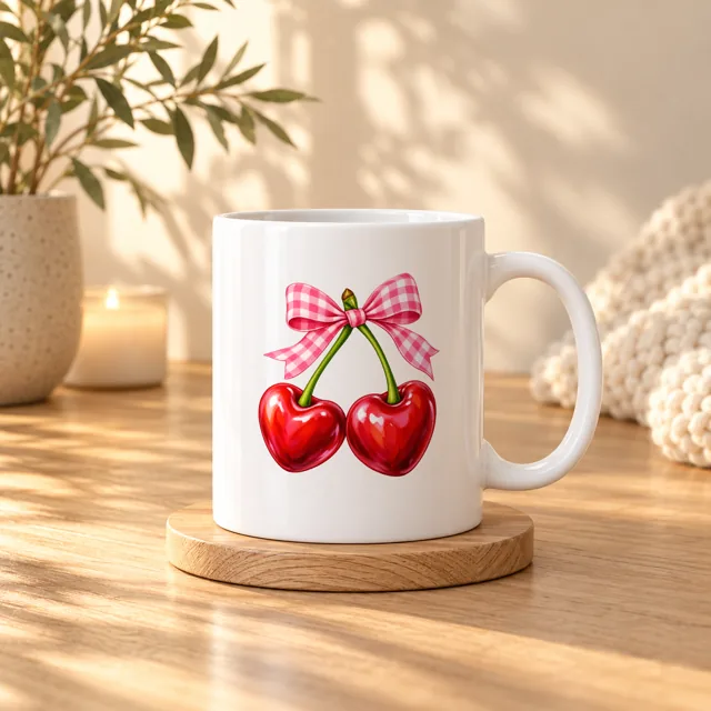 White mug mockup in golden light, cherries with a pink bow