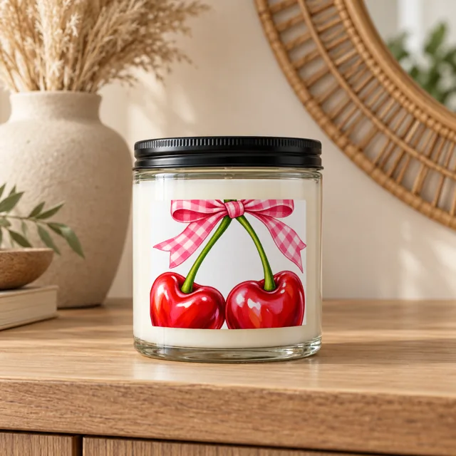 Candle jar mockup on a wooden console, cherries with a pink bow