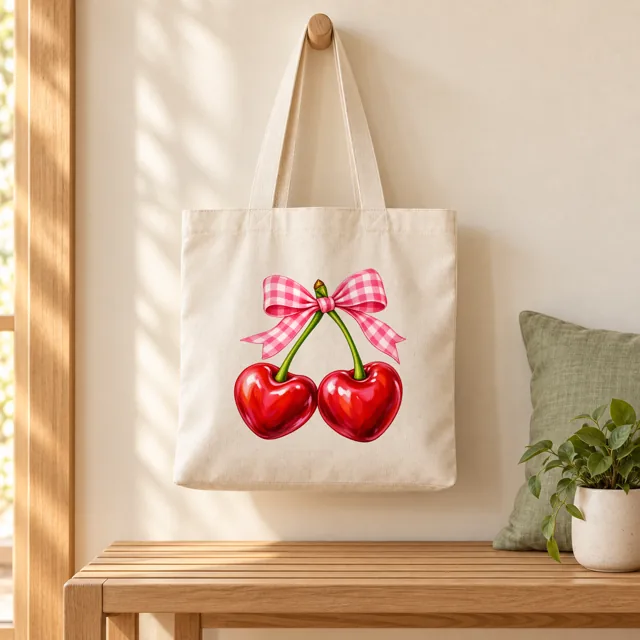 Tote bag mockup on a wall hook, cherries with a pink bow