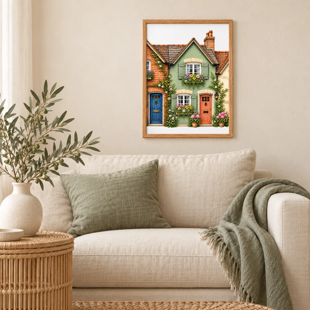 Framed poster mockup above a sofa, English cottages illustration