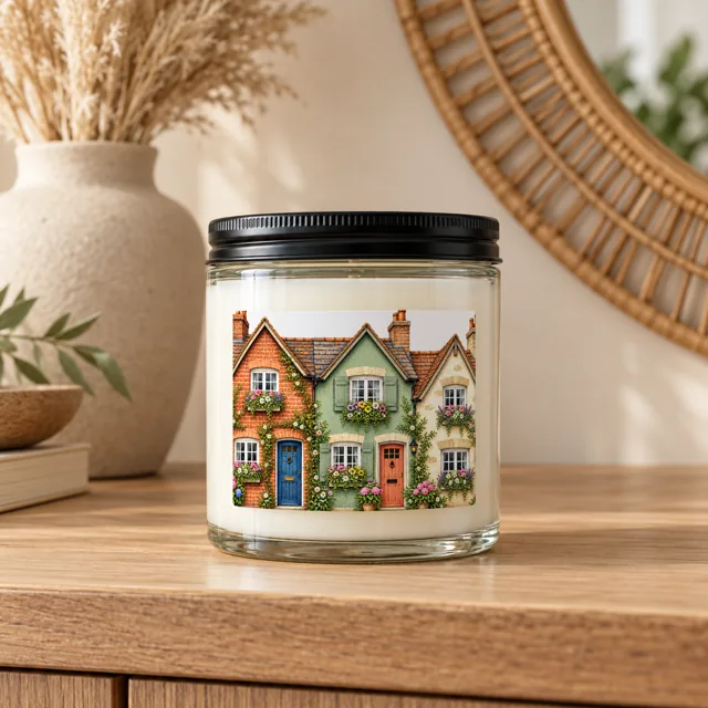 Candle jar mockup on a wooden console, English cottages label