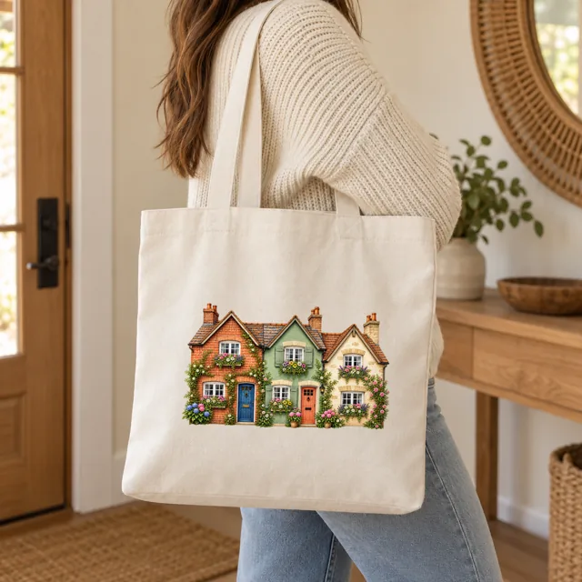 Tote bag mockup on the shoulder, three English cottages