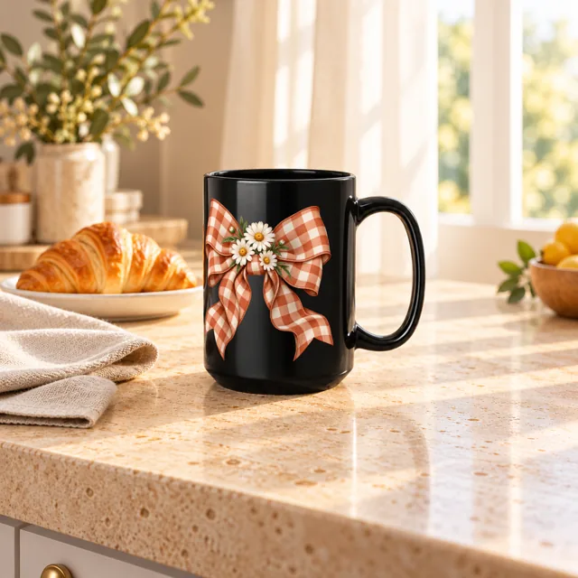 Black 15 oz mug mockup at breakfast, gingham bow