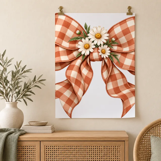Unframed poster mockup held by wall clips, gingham bow