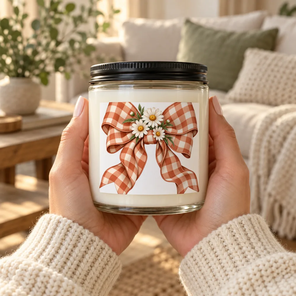 Candle jar mockup held in two hands, gingham bow label