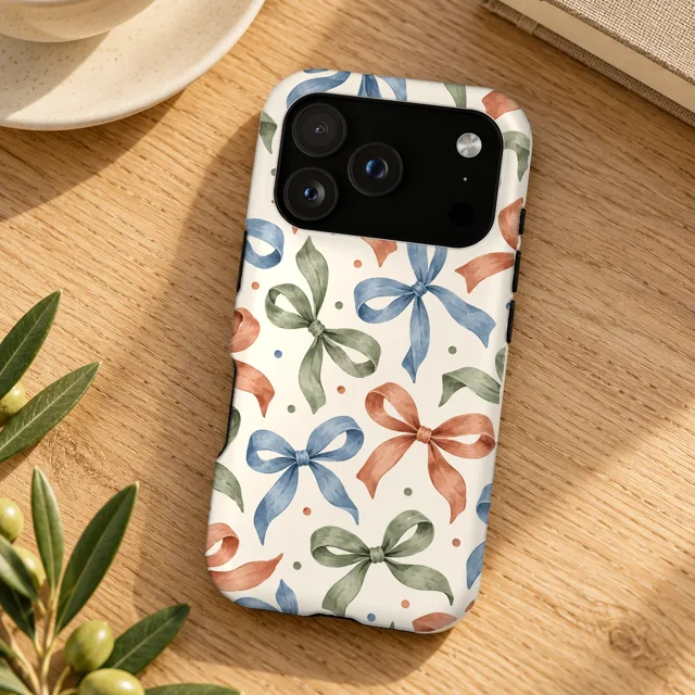 Phone case mockup on a wooden table, painted bows pattern