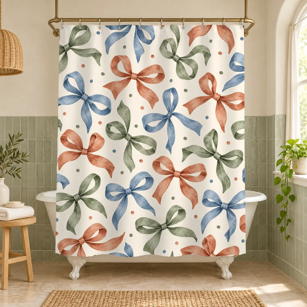Shower curtain mockup by a clawfoot tub, painted bows pattern