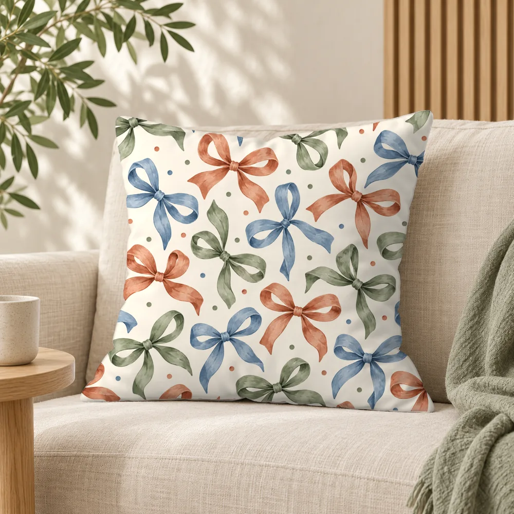 Square pillow mockup on a sofa, painted bows pattern