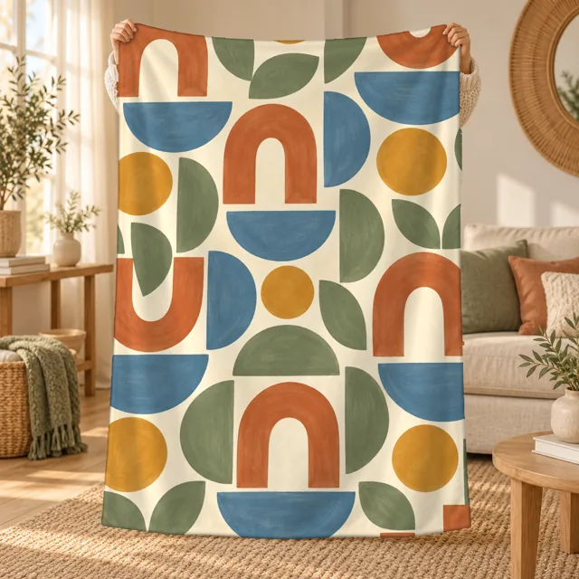 Fleece blanket mockup held up, retro arches pattern