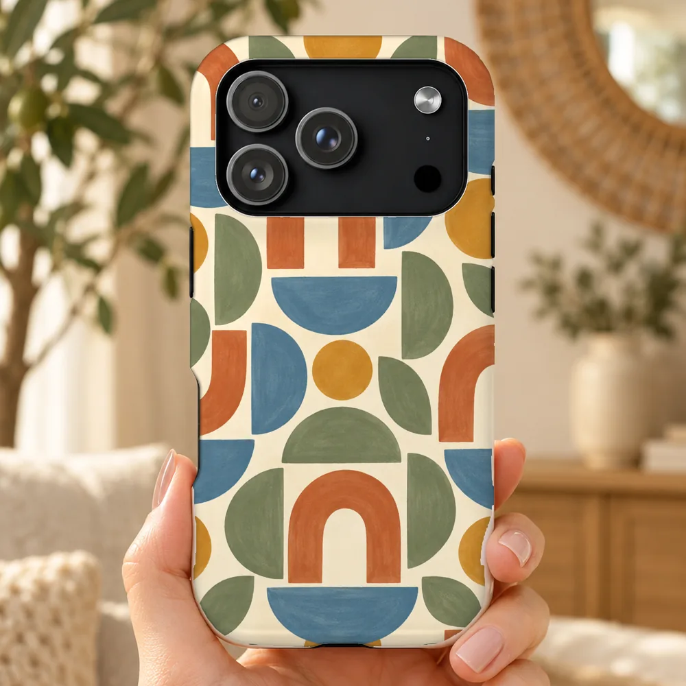 Phone case mockup held in hand, retro arches pattern