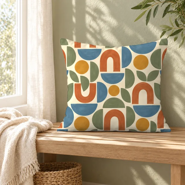 Square pillow mockup on a wooden bench, retro arches pattern