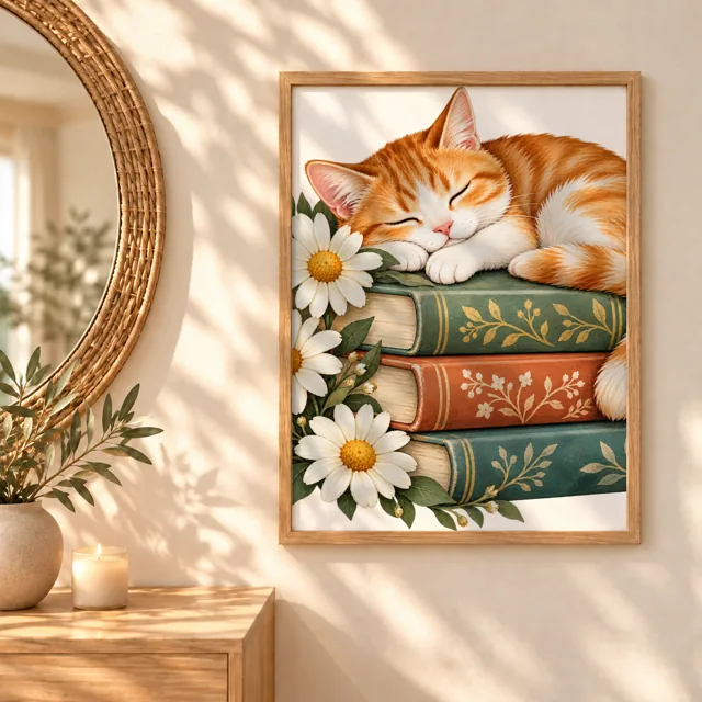 Framed poster mockup by a rattan mirror, sleepy cat on books
