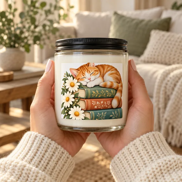 Candle jar mockup held in hands, sleepy cat label