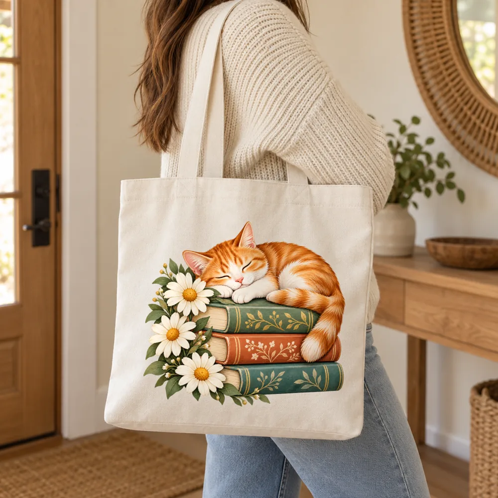 Tote bag mockup on the shoulder with a sleepy cat illustration