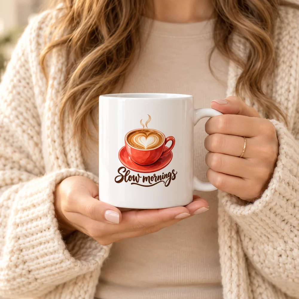 White mug mockup held in two hands, latte cup illustration