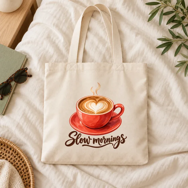 Tote bag mockup laid flat, coral latte cup illustration