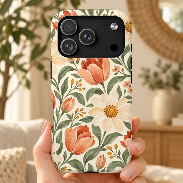Phone case mockup held in hand, tulip garden pattern