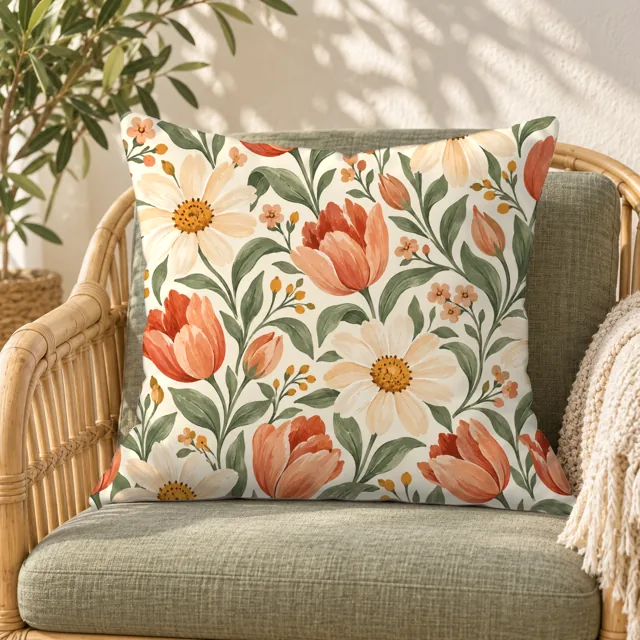 Square pillow mockup on a rattan armchair, tulip garden pattern