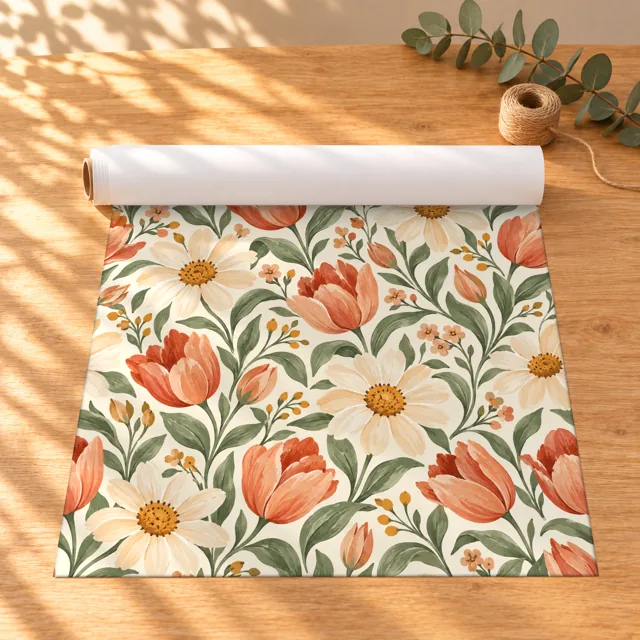 Wrapping paper roll mockup, tulip garden pattern